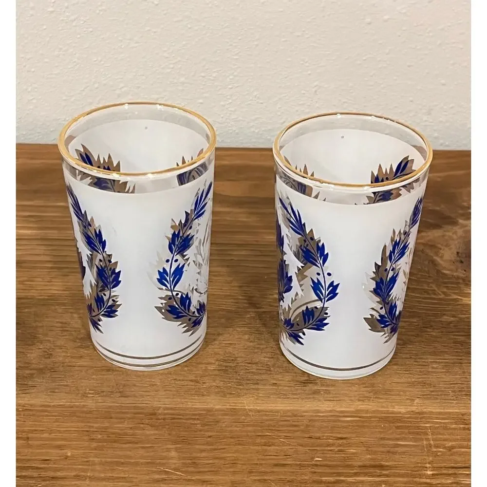 Vintage Frosted Glasses Blue Leaf Design‎ Gold Rim Barware Mid Century